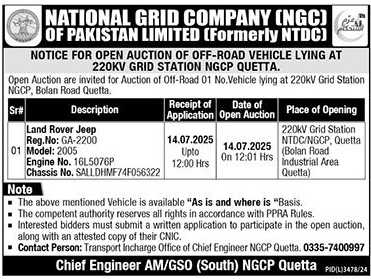 National Grid Company of Pakistan Limited Quetta Tender Notice